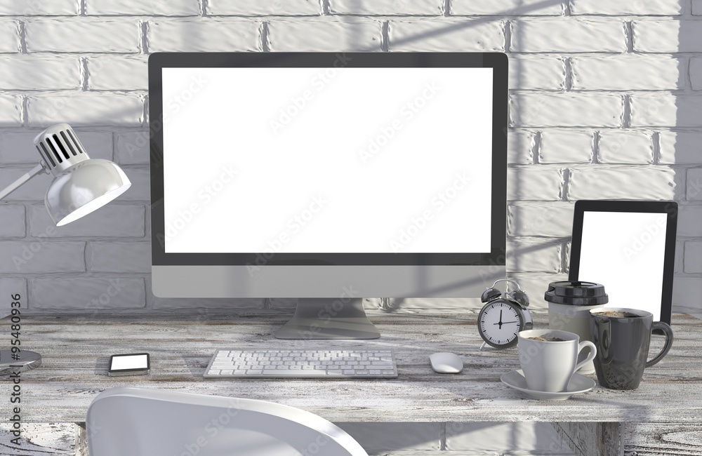 Fototapeta premium 3D illustration PC screen on table in office, Workspace