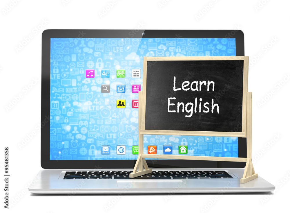 Laptop with chalkboard, learn english, online education concept Laptop with chalkboard, learn english, online education concept