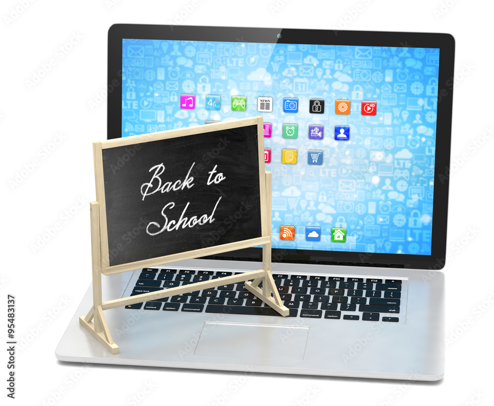Laptop with chalkboard, back to school, online education concept Laptop with chalkboard, back to school, online education concept