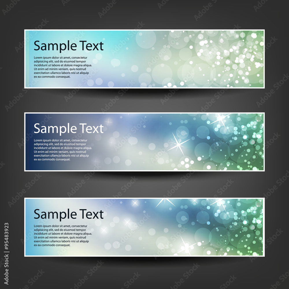 Set of Horizontal Banner or Header Designs for Christmas, New Year or Other Holidays with Colorful Sparkling Pattern Background - Colors: Blue, Green, Brown