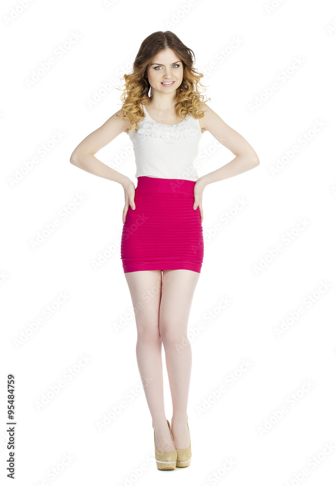 Fashion beautiful girl with modern white blouse and res skirt po Fashion beautiful girl with modern white blouse and res skirt po