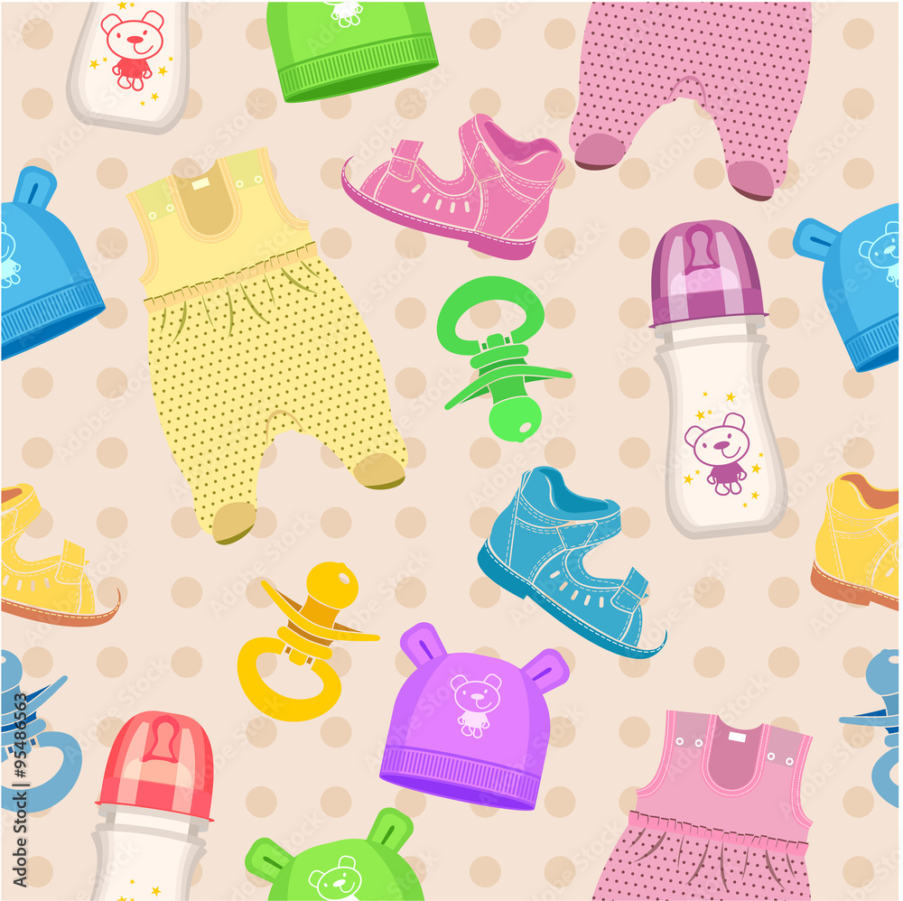Baby pattern. Children's clothes, shoes,pacifiers, bottles,caps,
