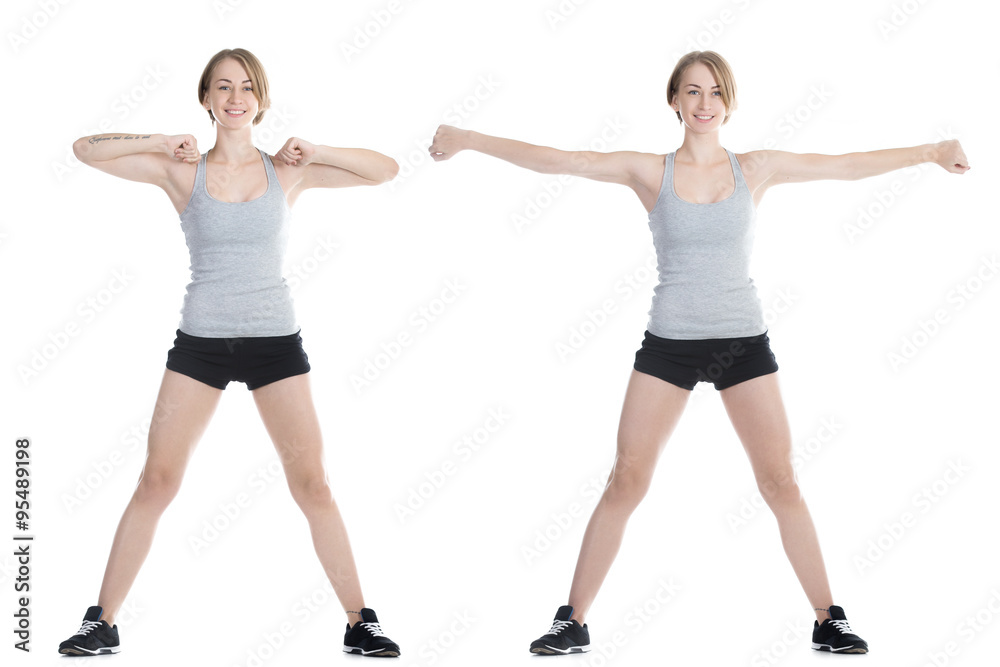 Sporty woman doing warming up exercises Sporty woman doing warming up exercises