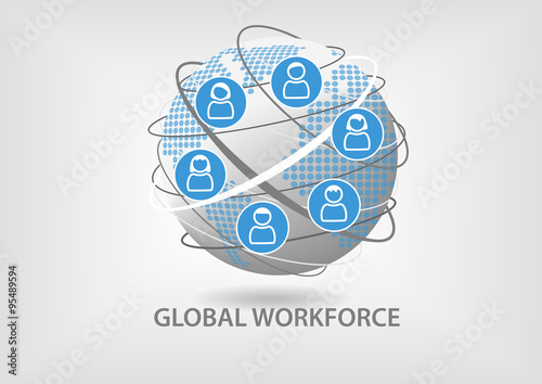 Global workforce concept. Illustration of collaborative teamwork with icons of employees