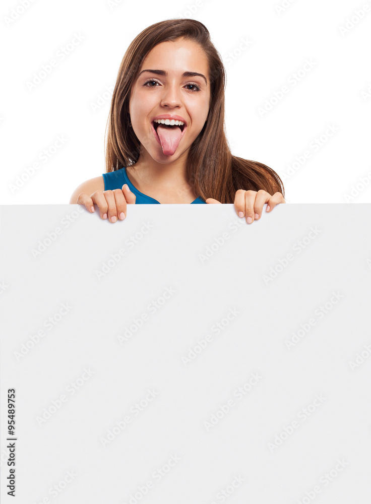young elegant woman holding a banner on a white background young elegant woman holding a banner on a white background