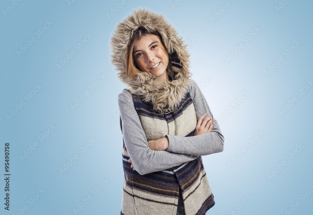 beautiful young woman wearing a hood coat in winter beautiful young woman wearing a hood coat in winter