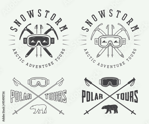 Vintage mountaineering and arctic expeditions logos, badges