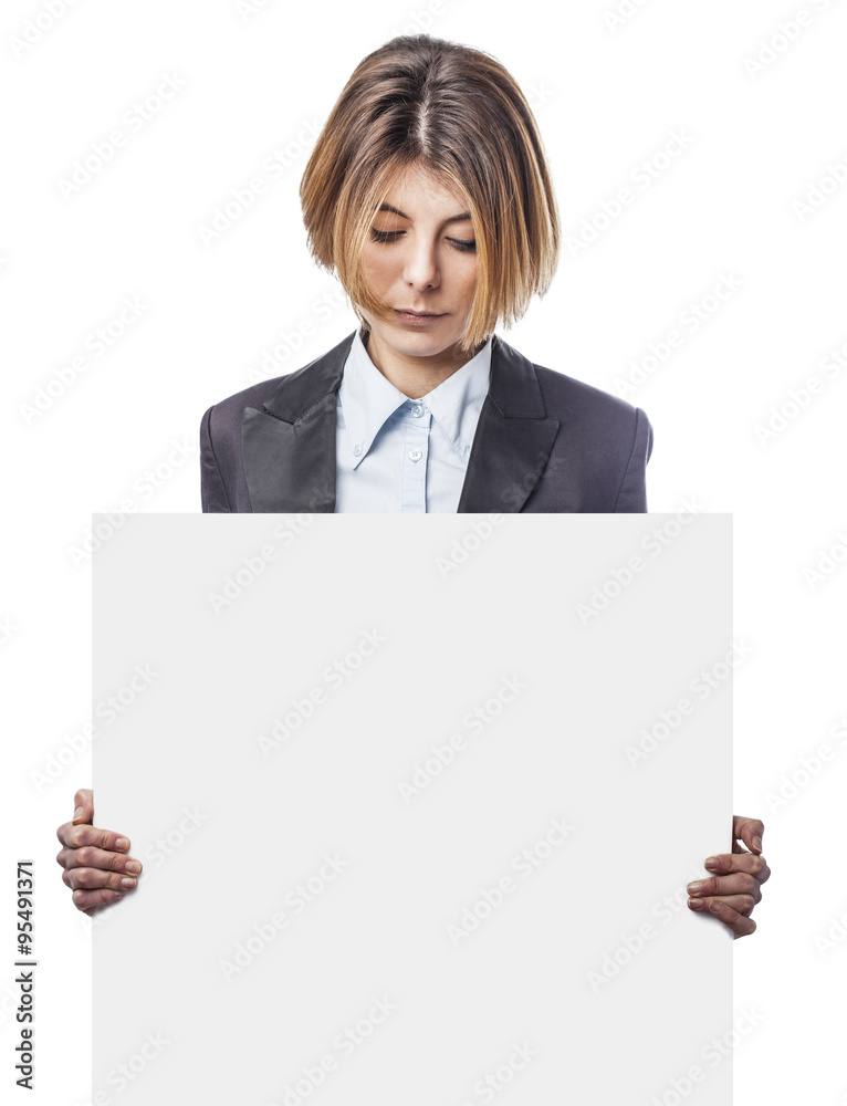 portrait of a pretty young woman holding a white banner portrait of a pretty young woman holding a white banner