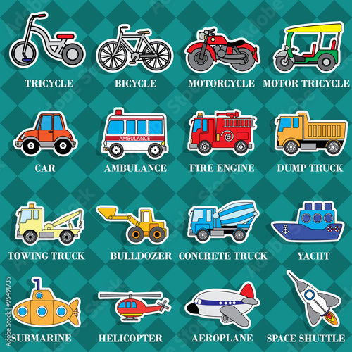 Cute vehicle types in sticker style on square graphic
