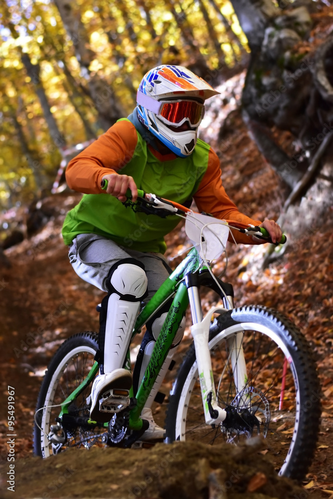 Fototapeta premium Biking as extreme and fun sport. Downhill biking.
