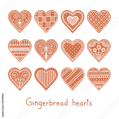 Gingerbread hearts. Hand drawn set of christmas gingerbread hearts. Hearts with doodle ornament. Vector.