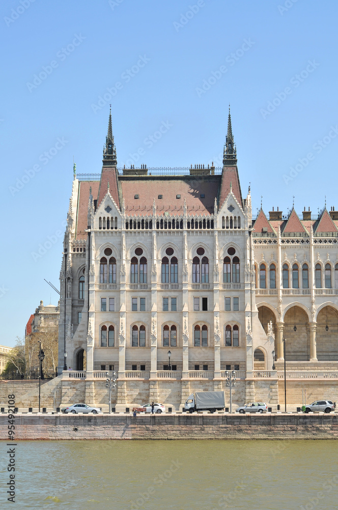Budapest glorious buildings of Hungarian parliament on bank of Danube river.