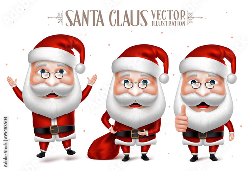 3D Realistic Set of Santa Claus Cartoon Character for Christmas Designs Isolated in White Background. Vector Illustration

