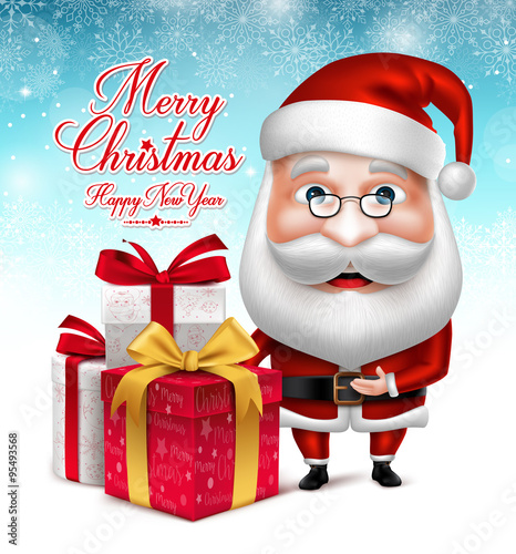 3D Realistic Santa Claus Cartoon Character Holding Collections of Christmas Gifts in Snow Background. Vector Illustration
