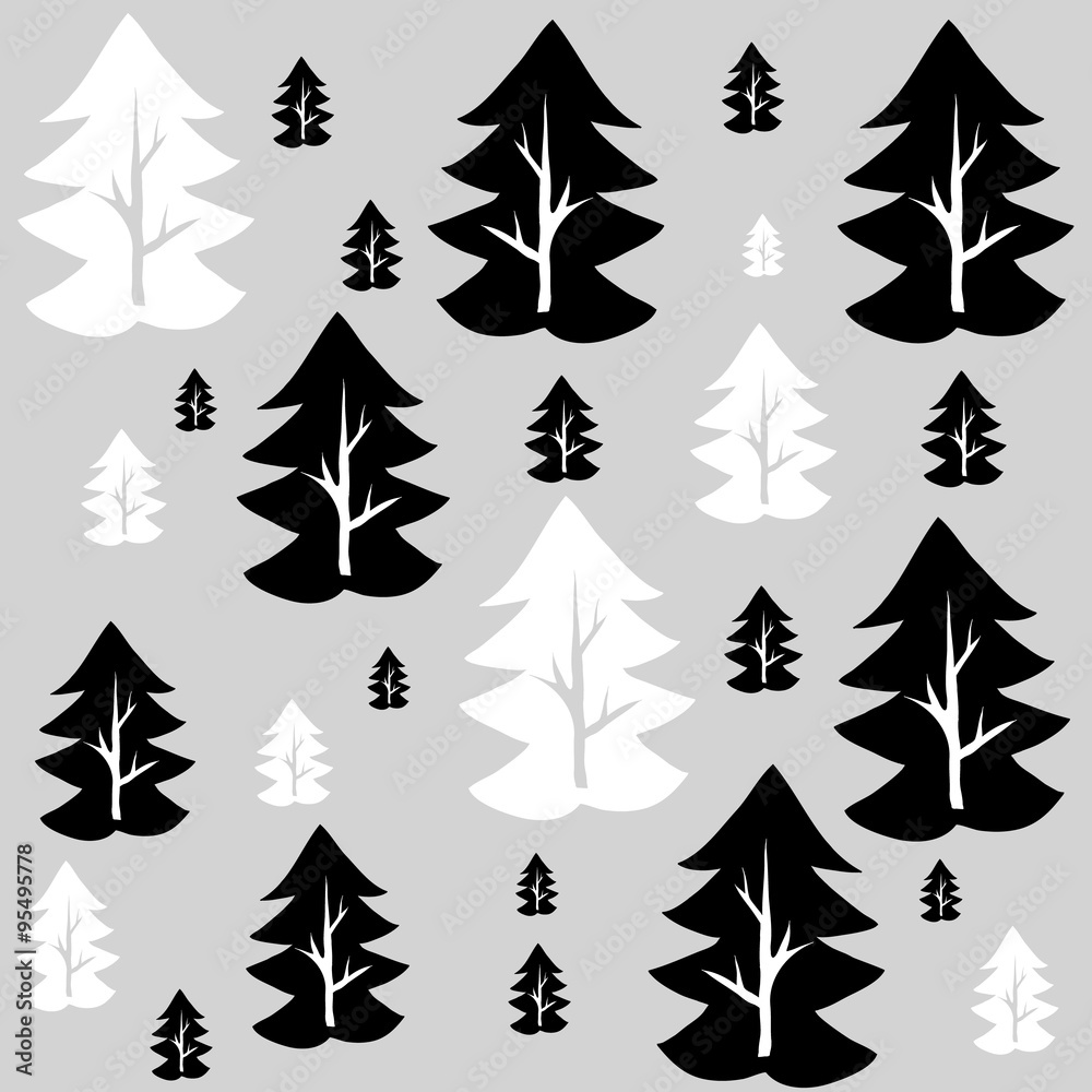 black and white trees on a gray background vector pattern