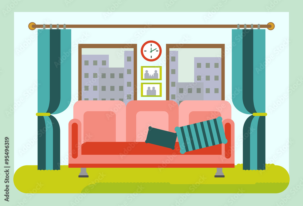 Comfortable living room interior with furniture. Cartoon Vector