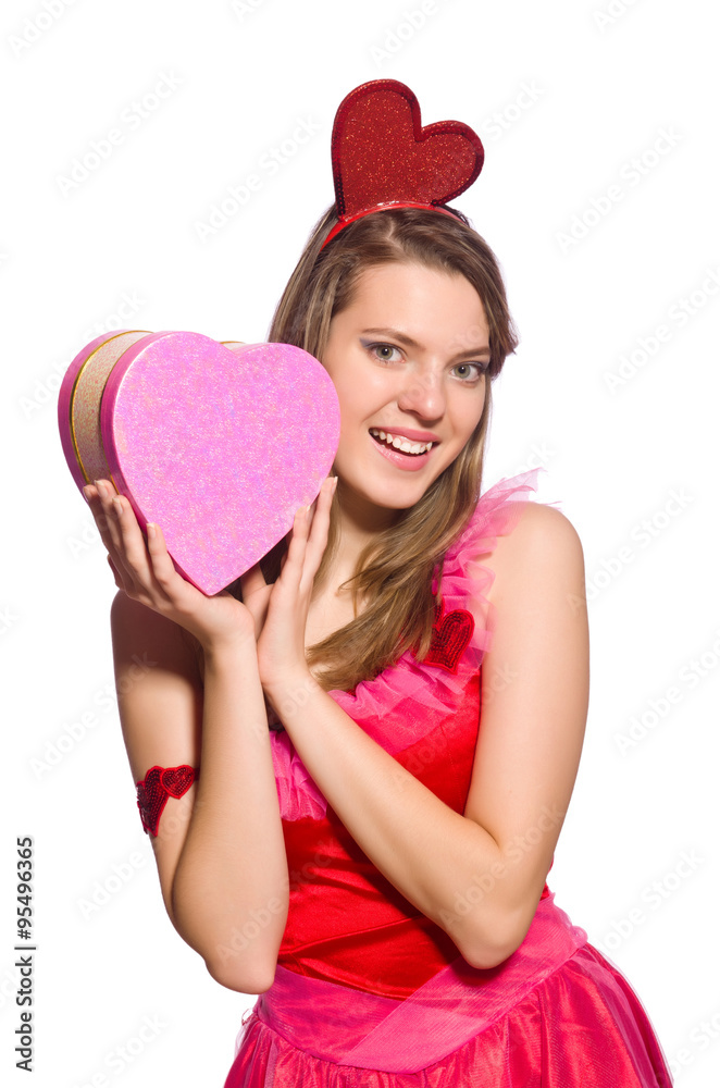 Girl in pretty pink dress with gift box isolated on white Girl in pretty pink dress with gift box isolated on white