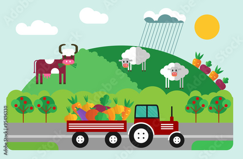 Red tractor on the field. Flat vector illustration.