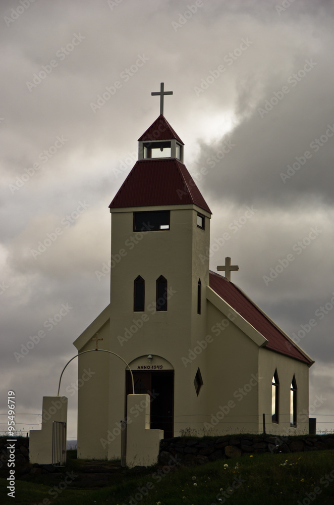 Church at Modrudalur farm in active volcanic area, Iceland