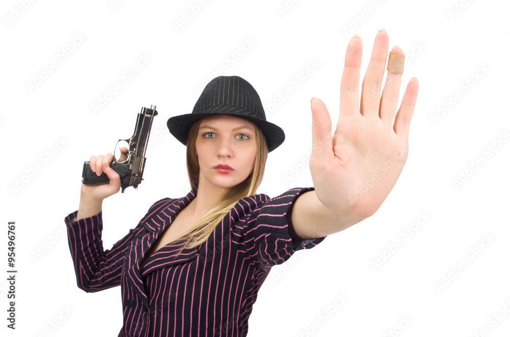 Gangster woman with gun isolated on white Gangster woman with gun isolated on white