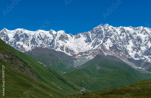 Shkhara mountain seen from Ushguli villages community in Upper Svanetia region, Georgia