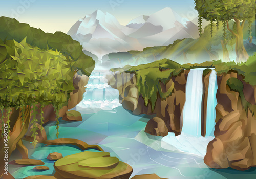 Forest and waterfall, nature landscape vector background