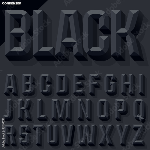 Vector 3D black condense beveled alphabet with shadow. Simple colored version.