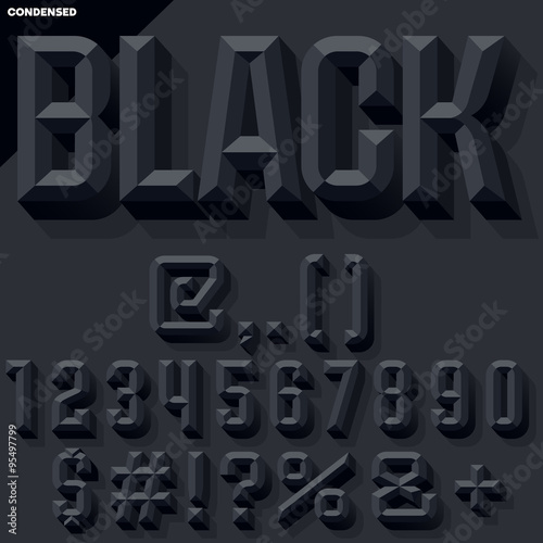 Vector 3D black set of condense beveled numbers and symbols with shadow. Simple colored version.
