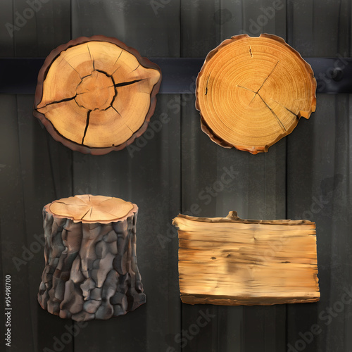 Wood, vector set banners and signs on black