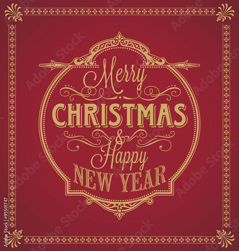 Merry Christmas and Happy New Year Calligraphic Ornament Frame on Red Background