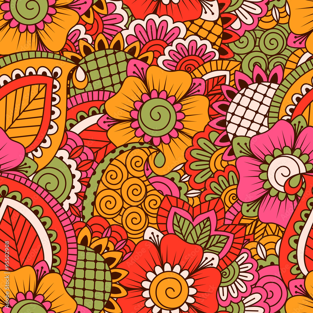 Hand drawn seamless pattern with floral elements. 