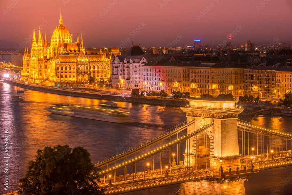 Aerial night view of Budapest, Hungary in the sunset