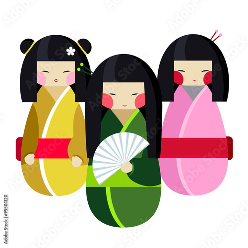 Kokeshi doll set in kimono flat style vector illustration. Japanese traditional toy