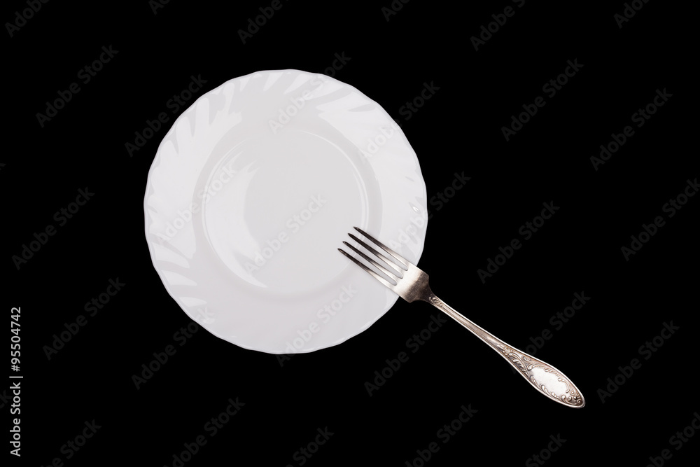 Etiquette sign. Plate, fork, knife top view isolated on black