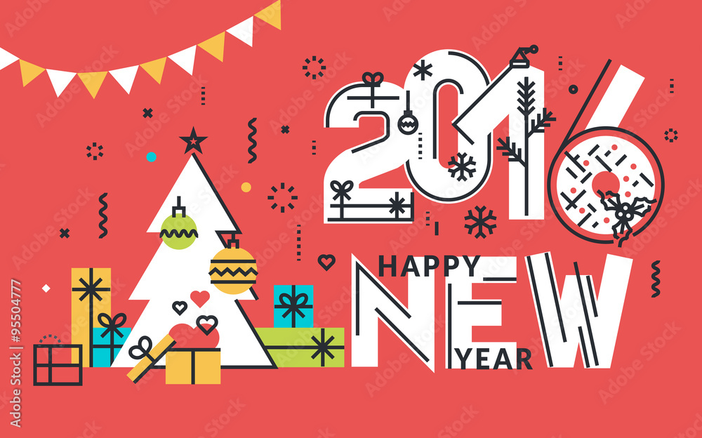 New Year flat line design concept for greeting card, web banner, marketing material.