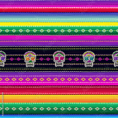 Seamless ethnic mexican fabric pattern with colorful stripes and Catrina`s skull. Repeat straight blue, black, red, green, yellow, violet stripes texture background, vector.