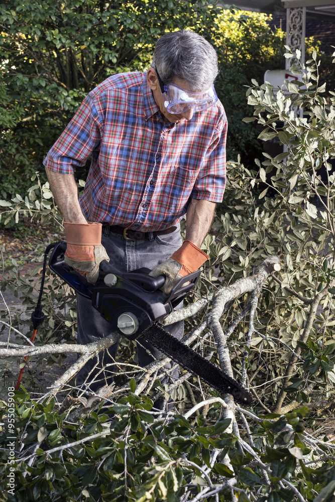 Obraz premium Closeup of Man Cutting Tree Branches with Chainsaw