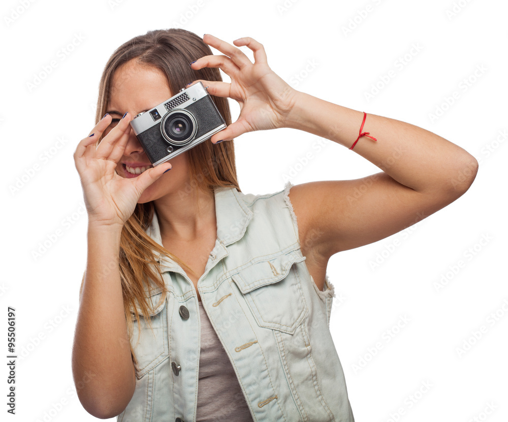 portrait of a pretty young woman taking photo with her camera portrait of a pretty young woman taking photo with her camera