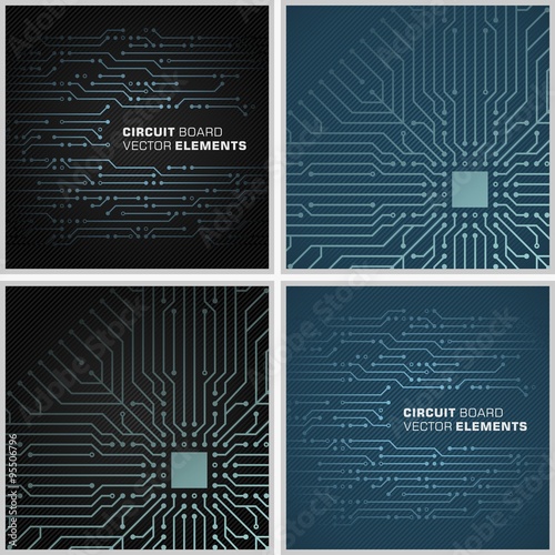 Circuit board vector elements. 4 tiled pattern backgrounds good for IT / computers business design. File two.