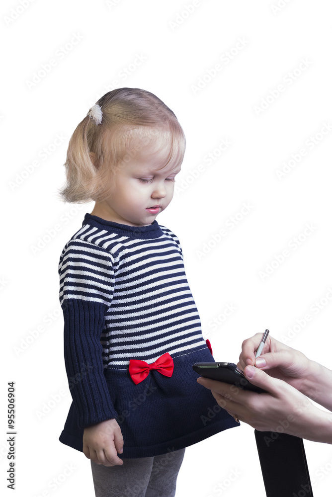 Woman teaching little girl the blonde on a smartphone stylus to Woman teaching little girl the blonde on a smartphone stylus to