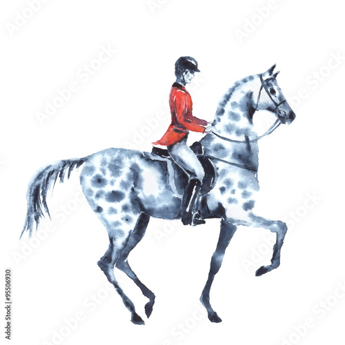 Watercolor rider and dapple grey horse on white. Horseman in red jacket on stallion. England equestrian sport. Hand drawing illustration.