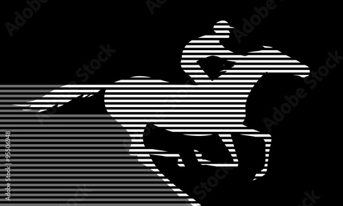 White on black horserace. Galloping horseback rider. Horseracing winner  vector.