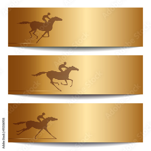 Gold banners with horse race. Galloping horseback riders. Horseracing winner, vector.