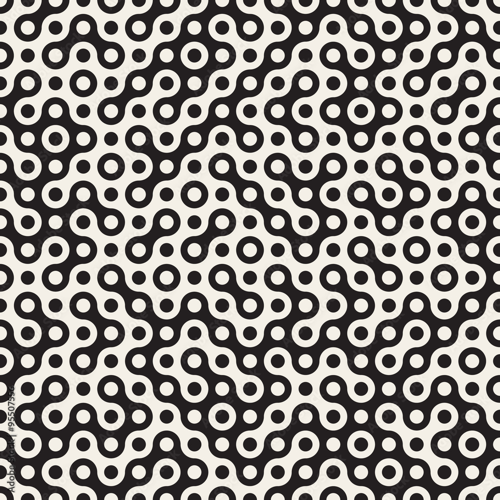 Vector Seamless Black and White Circles Halftone Truchet Pattern