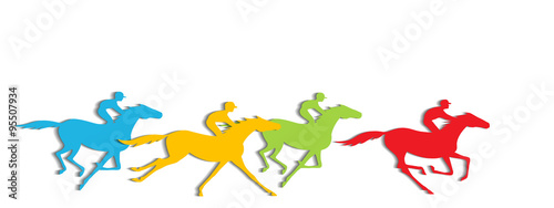 Horse racing with shadows. Galloping horseback riders with yellow, blue, green, red color. Horseracing winner, vector banner.