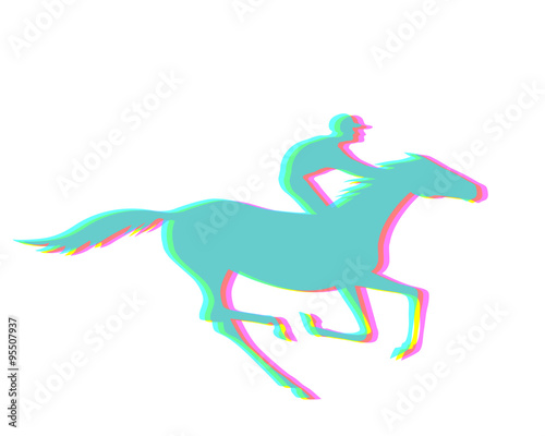 Jockey and horse with CMYK halftone effect.