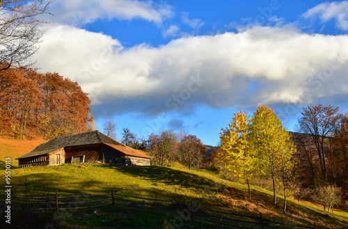 Autumn landscape with traditional cottage house on the hill and vibrant nature in fall season © cristianbalate