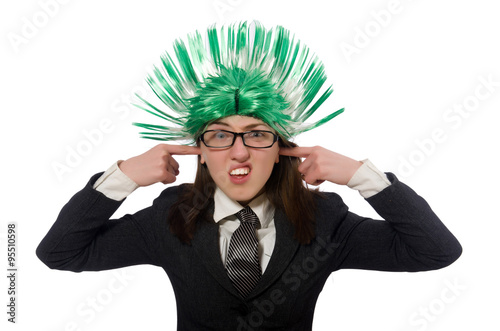 Funny businesswoman in business concept on white