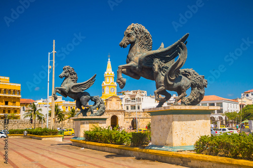 Los Pegasos sculpture in the beautiful streets in Cartagena, Colombia