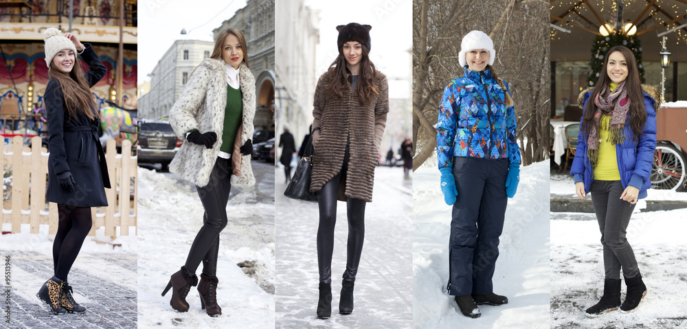 Naklejka premium Collage winter fashion. Young beautiful women